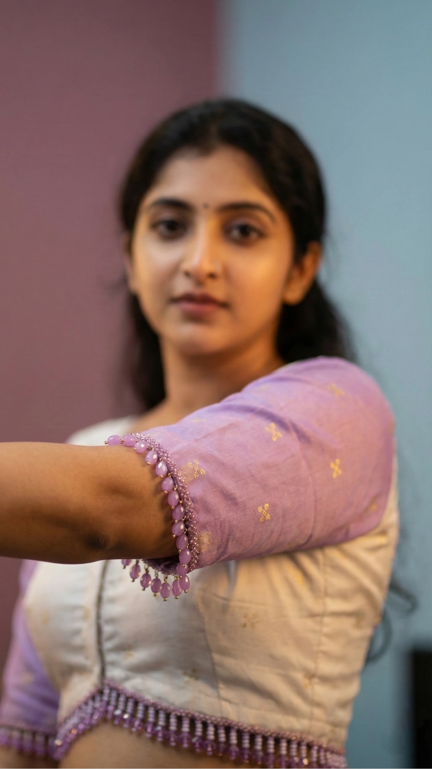 Bead Work on Saree-Blouse Lilac Shadow and Off-White with Zari 