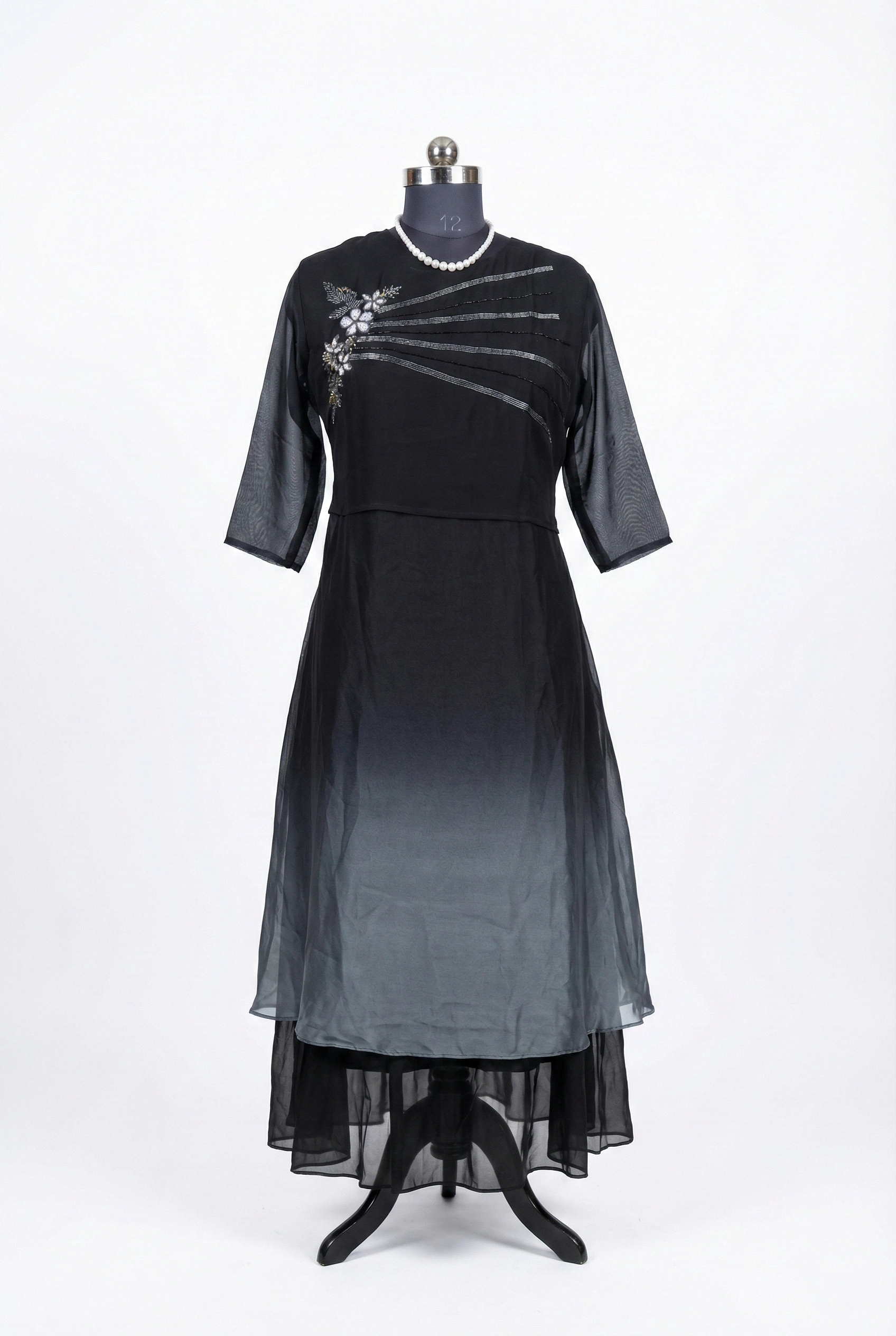 Black Chiffon Stone Worked Layered Umbrella Gown