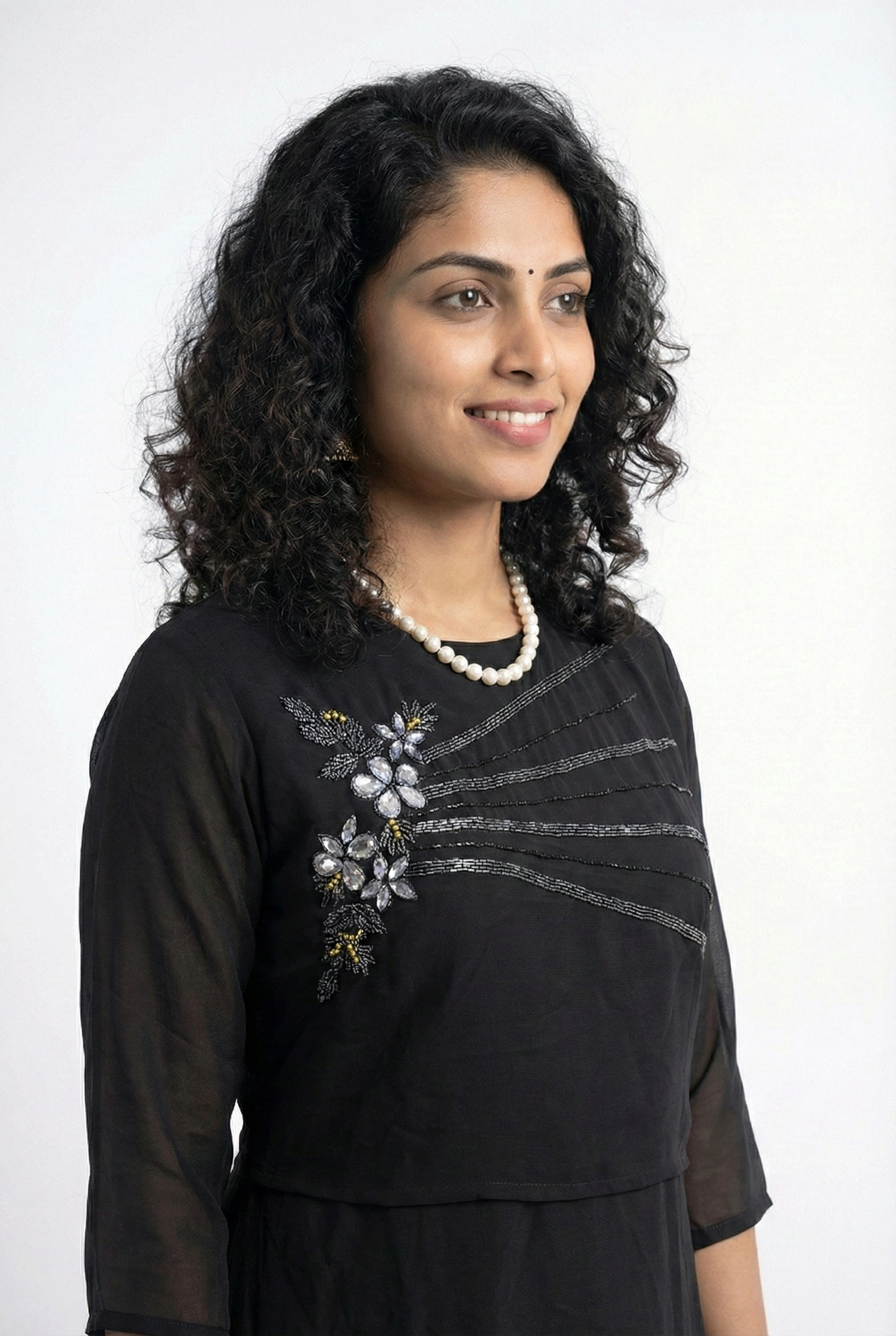 Black Chiffon Stone Worked Layered Umbrella Gown