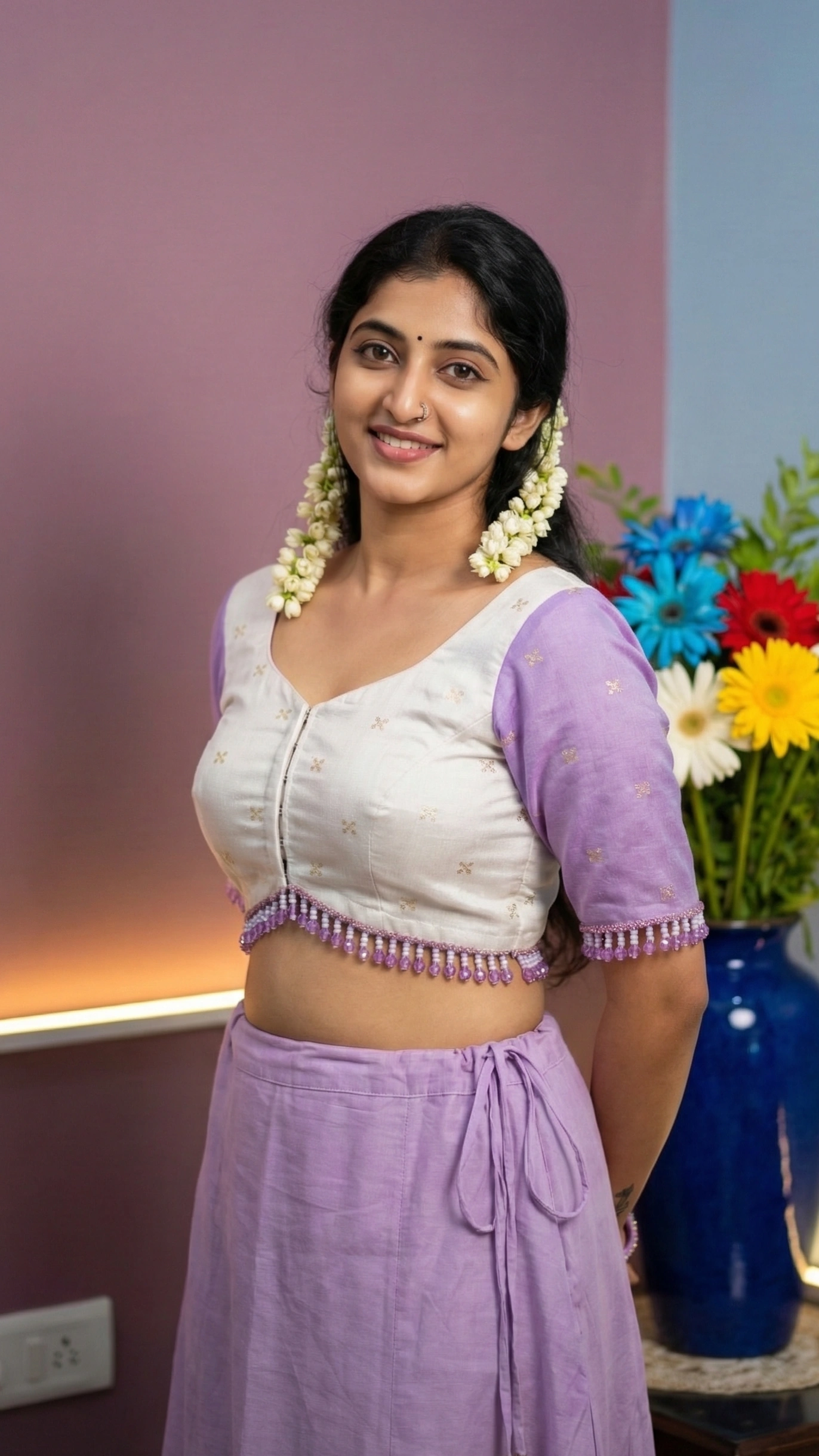 Bead Work on Saree-Blouse Lilac Shadow and Off-White with Zari 