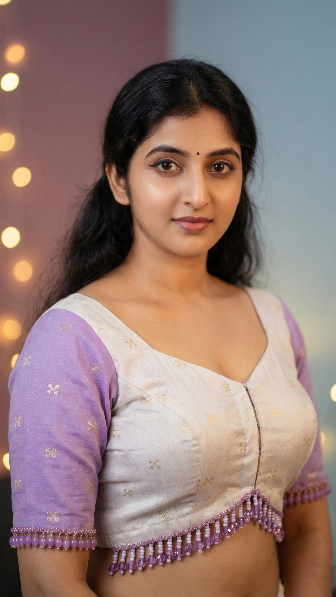 Bead Work on Saree-Blouse Lilac Shadow and Off-White with Zari 