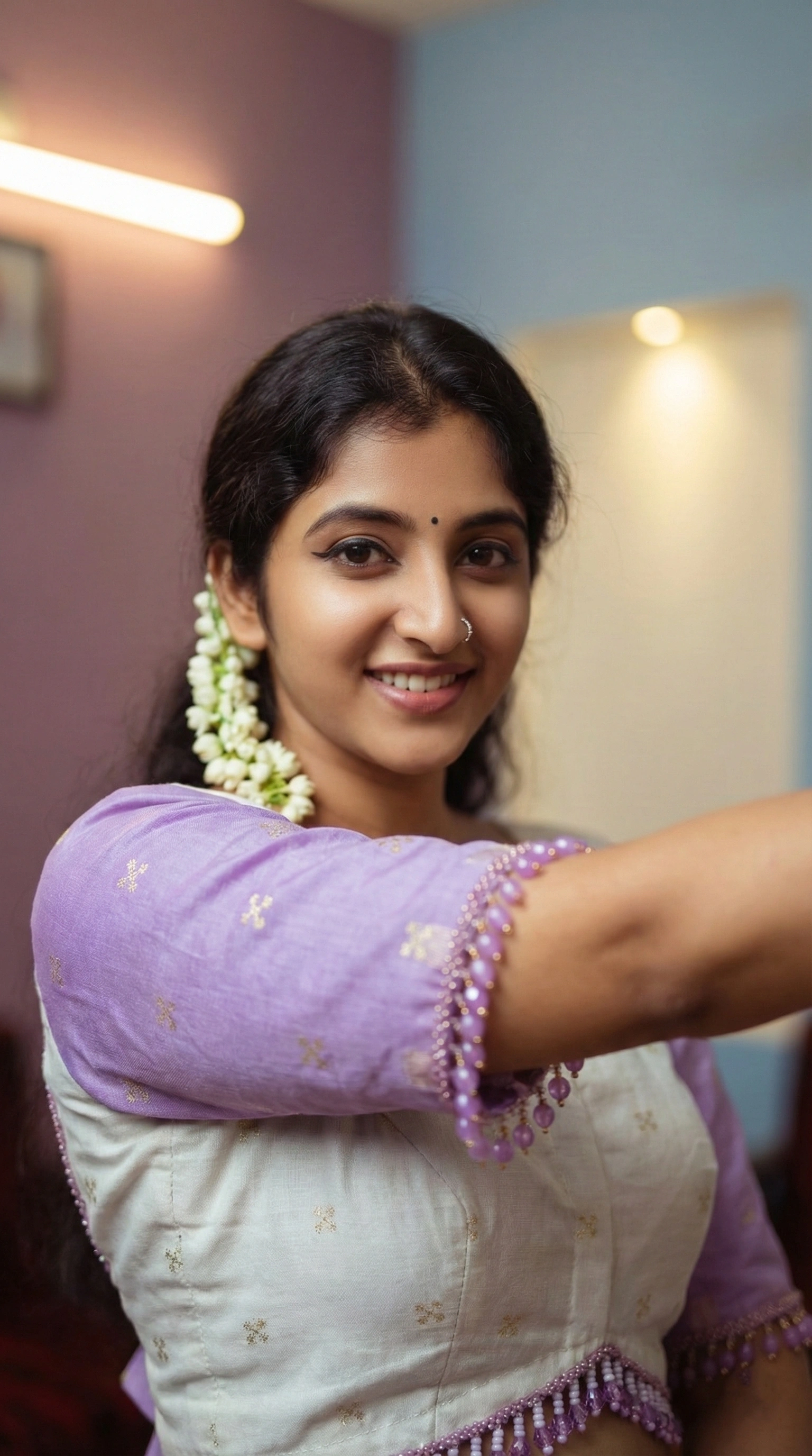 Bead Work on Saree-Blouse Lilac Shadow and Off-White with Zari 