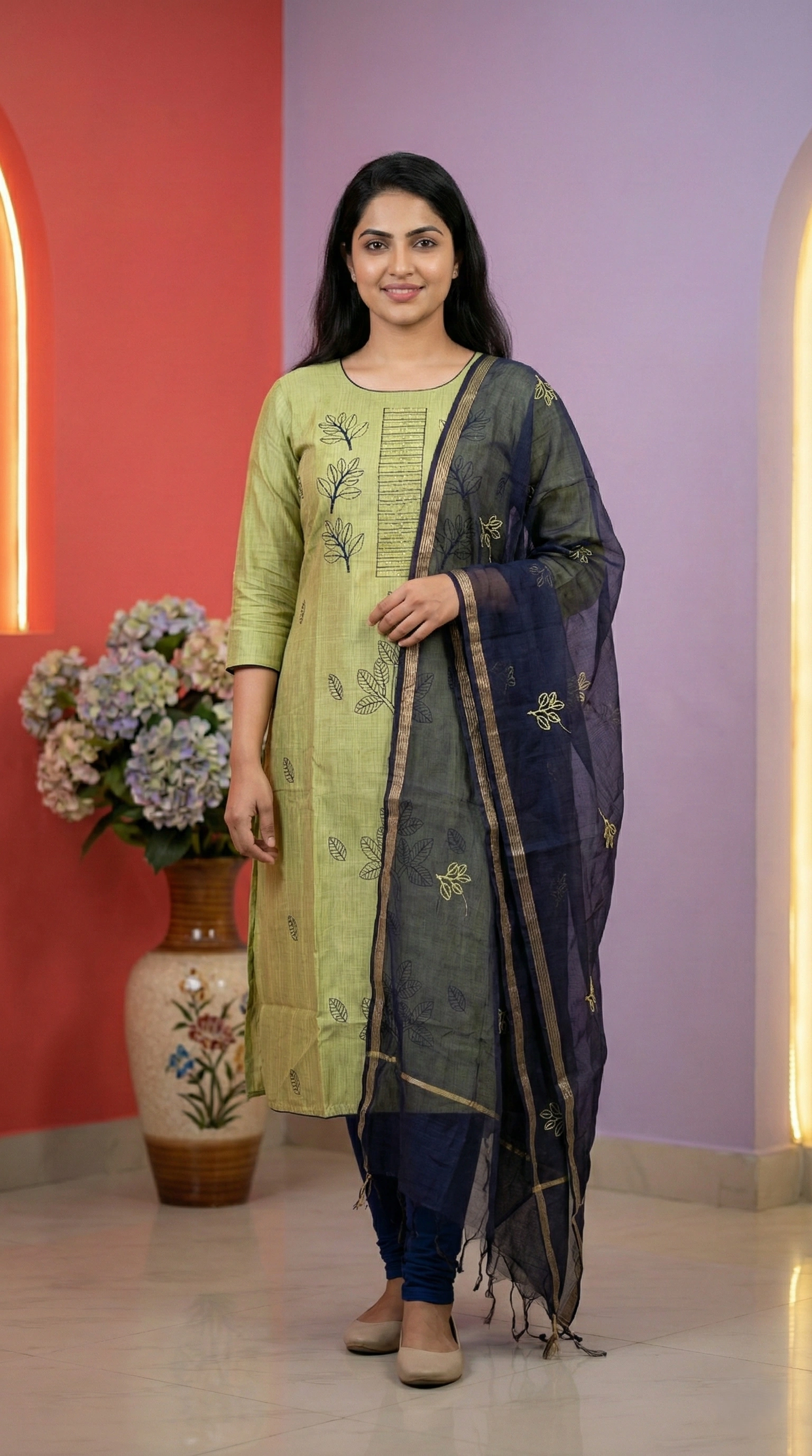 Slub Silk Light Green Churidar Set with Chudi Bottom