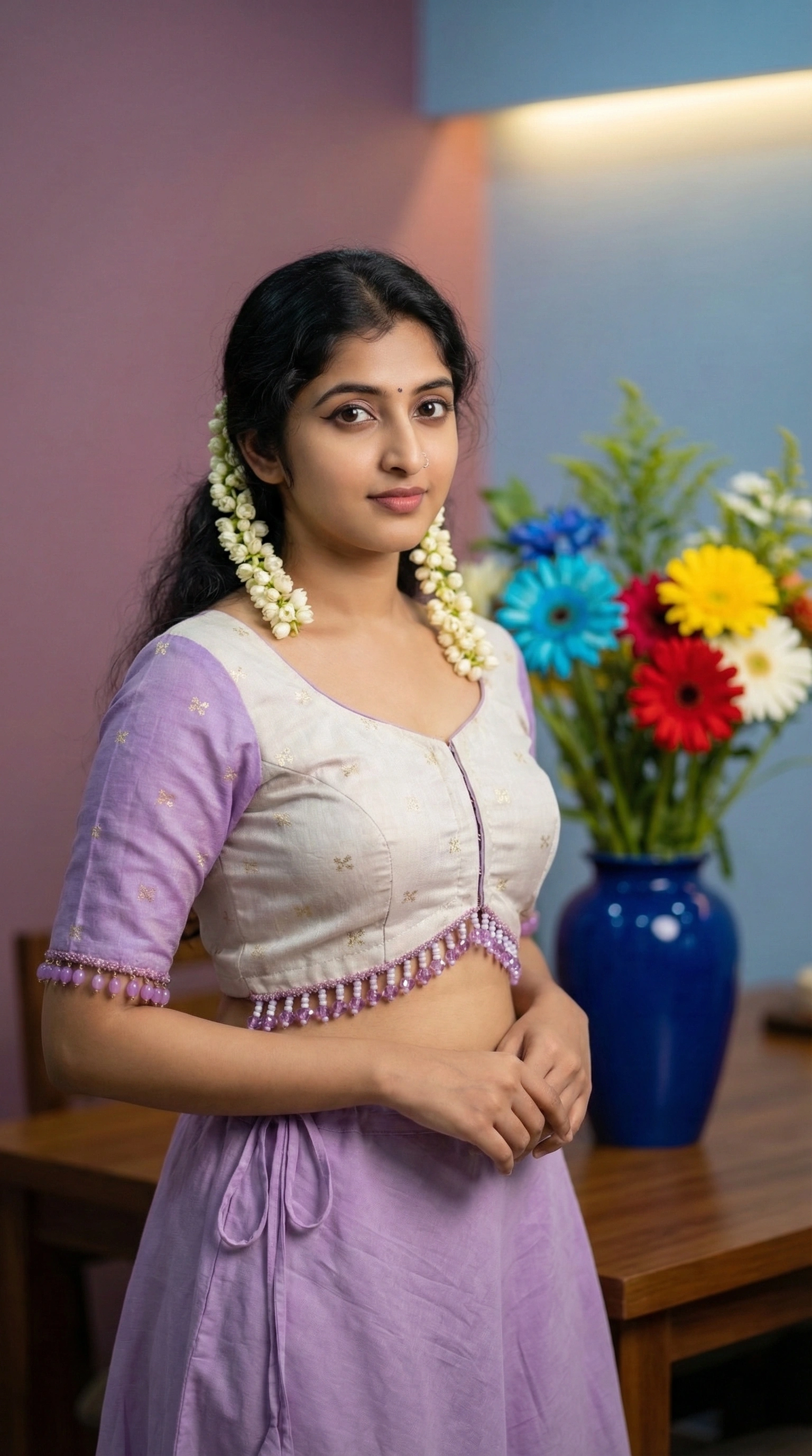 Bead Work on Saree-Blouse Lilac Shadow and Off-White with Zari 