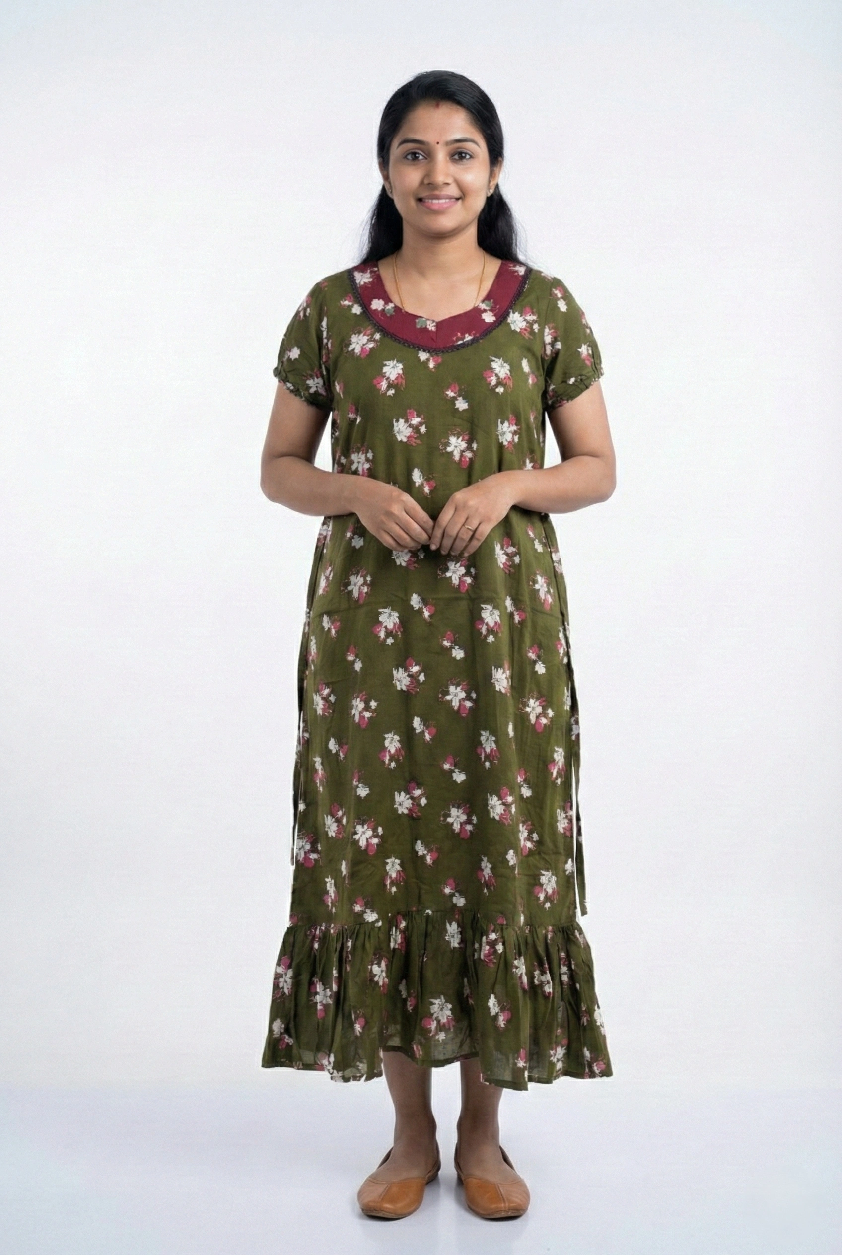 Printed Cotton Mehndi Green Frock Nighty