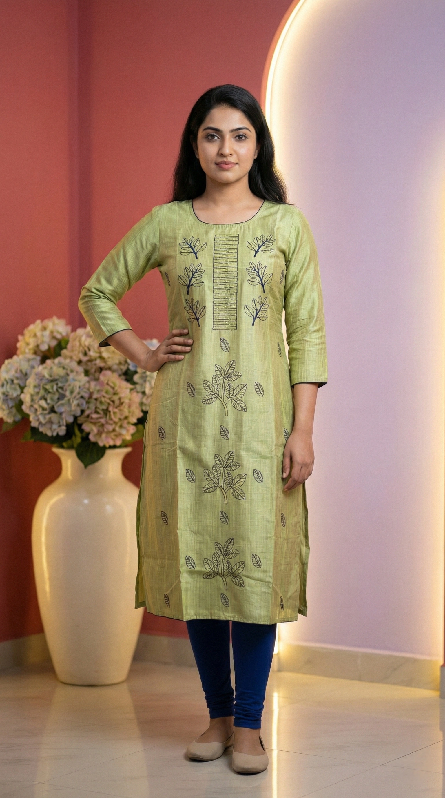 Slub Silk Light Green Churidar Set with Chudi Bottom
