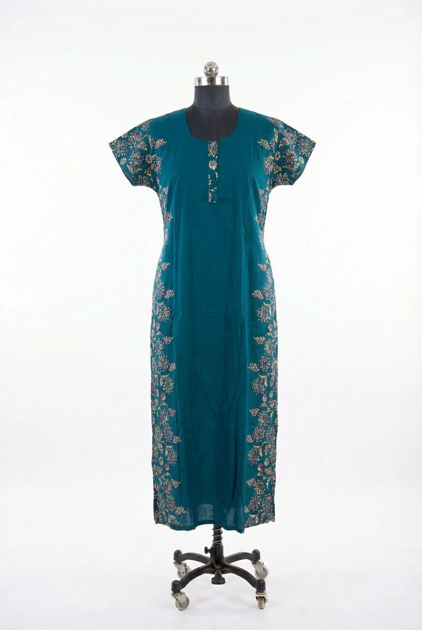 Printed Cotton Teal Churidar Cut Nighty