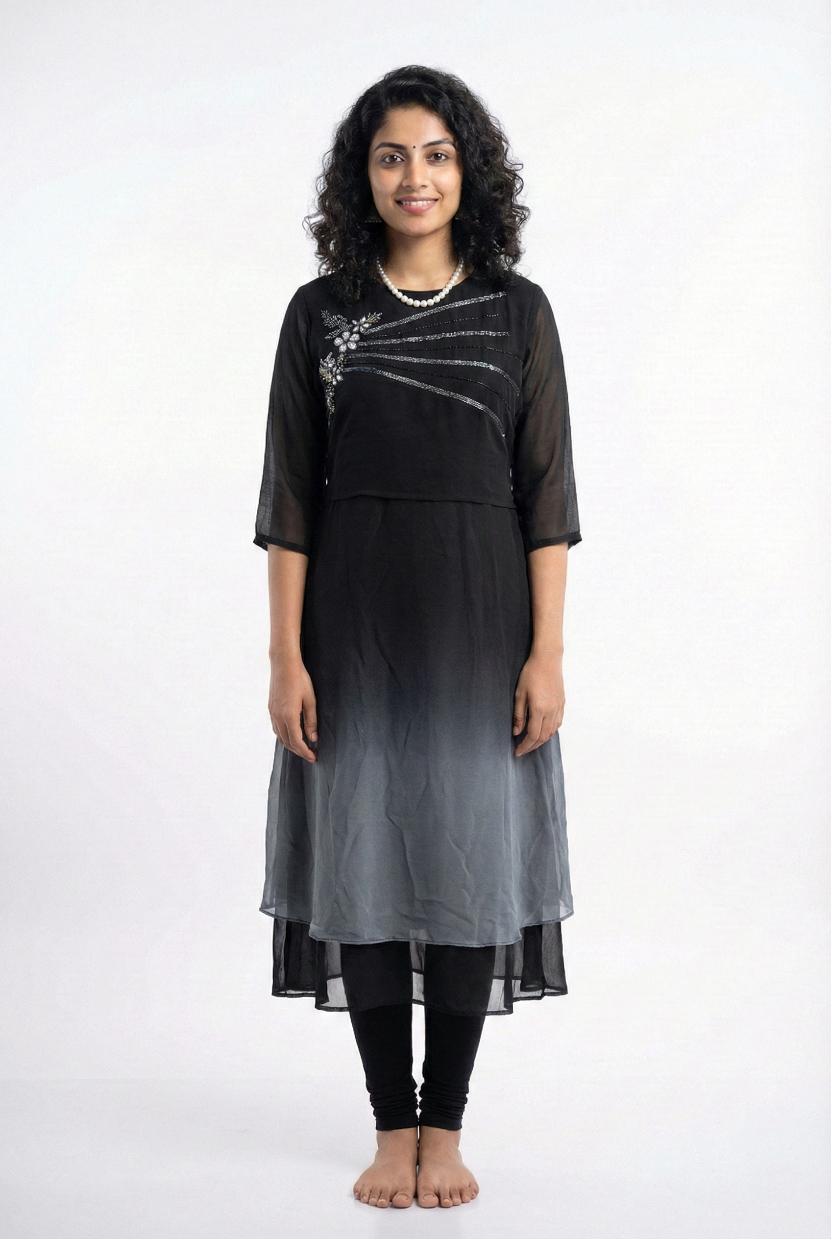 Black Chiffon Stone Worked Layered Umbrella Gown