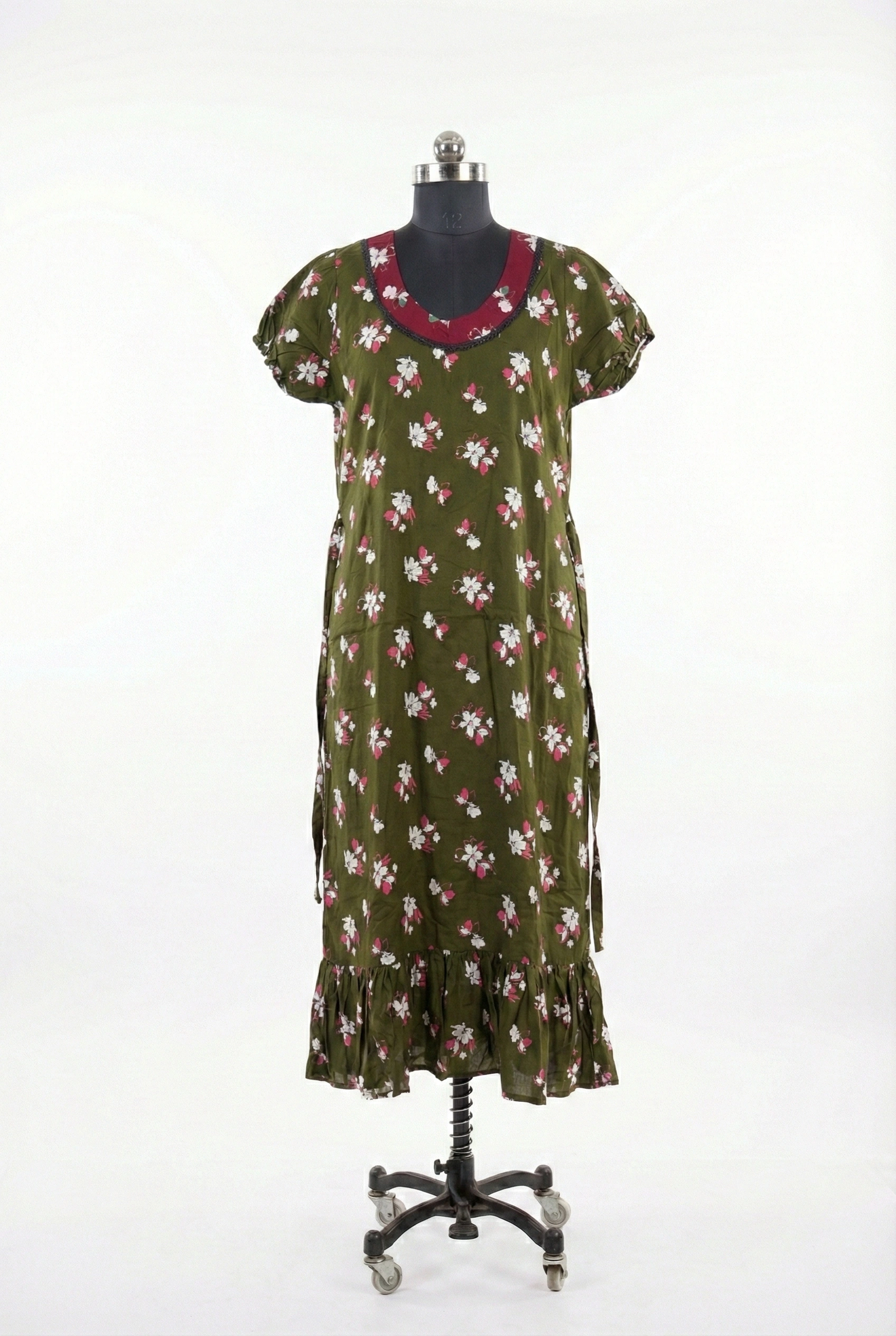 Printed Cotton Mehndi Green Frock Nighty