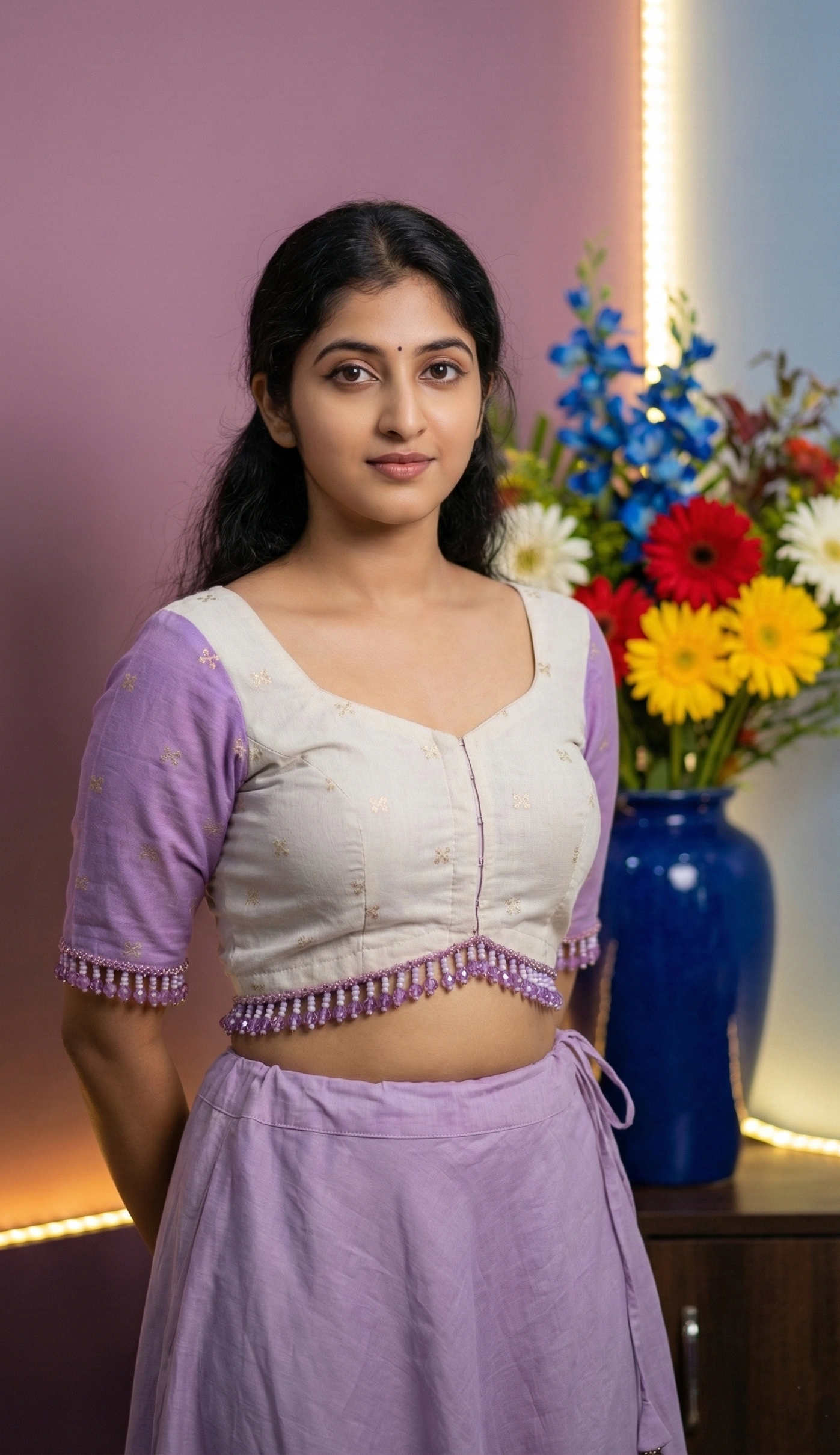 Bead Work on Saree-Blouse Lilac Shadow and Off-White with Zari 