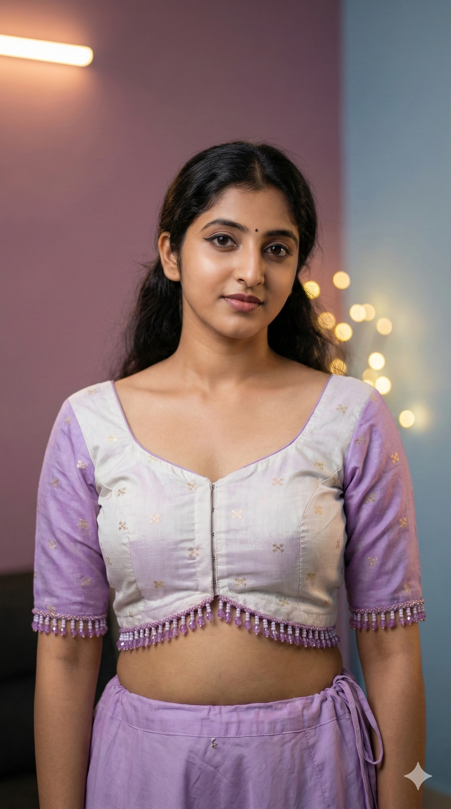 Bead Work on Saree-Blouse Lilac Shadow and Off-White with Zari 