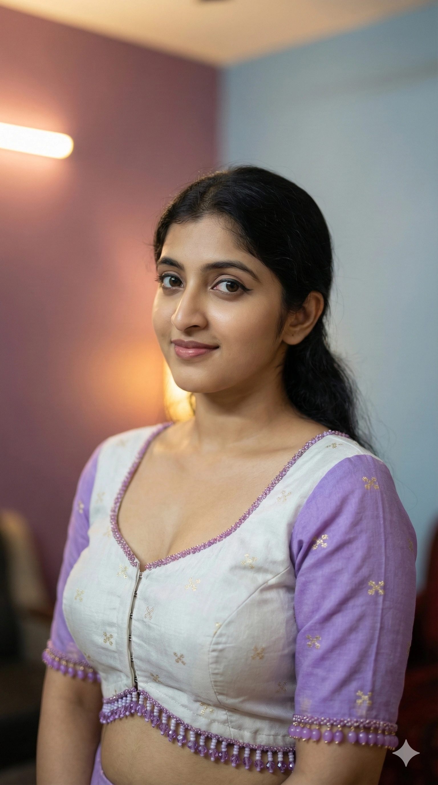 Bead Work on Saree-Blouse Lilac Shadow and Off-White with Zari 