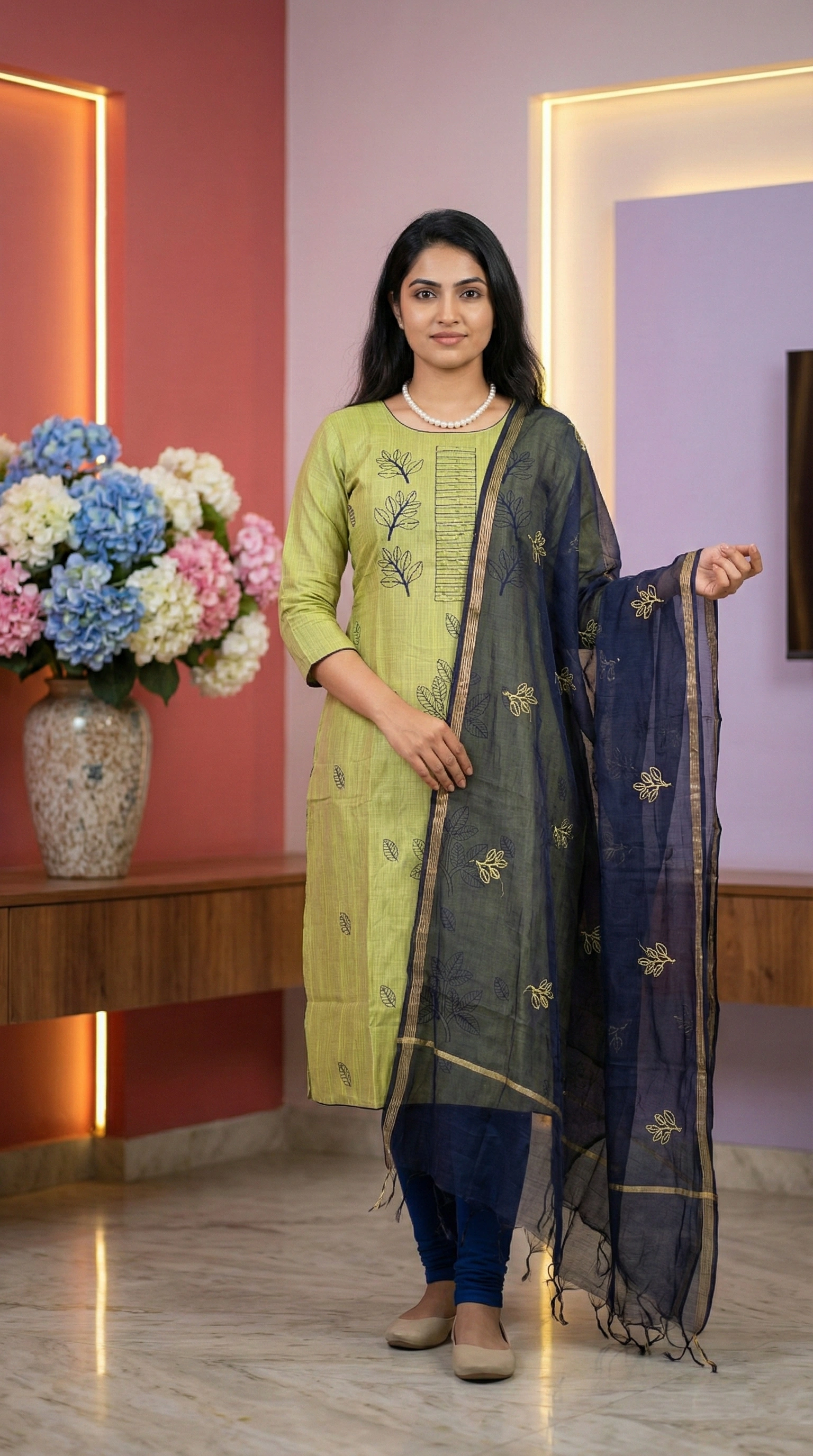 Slub Silk Light Green Churidar Set with Chudi Bottom