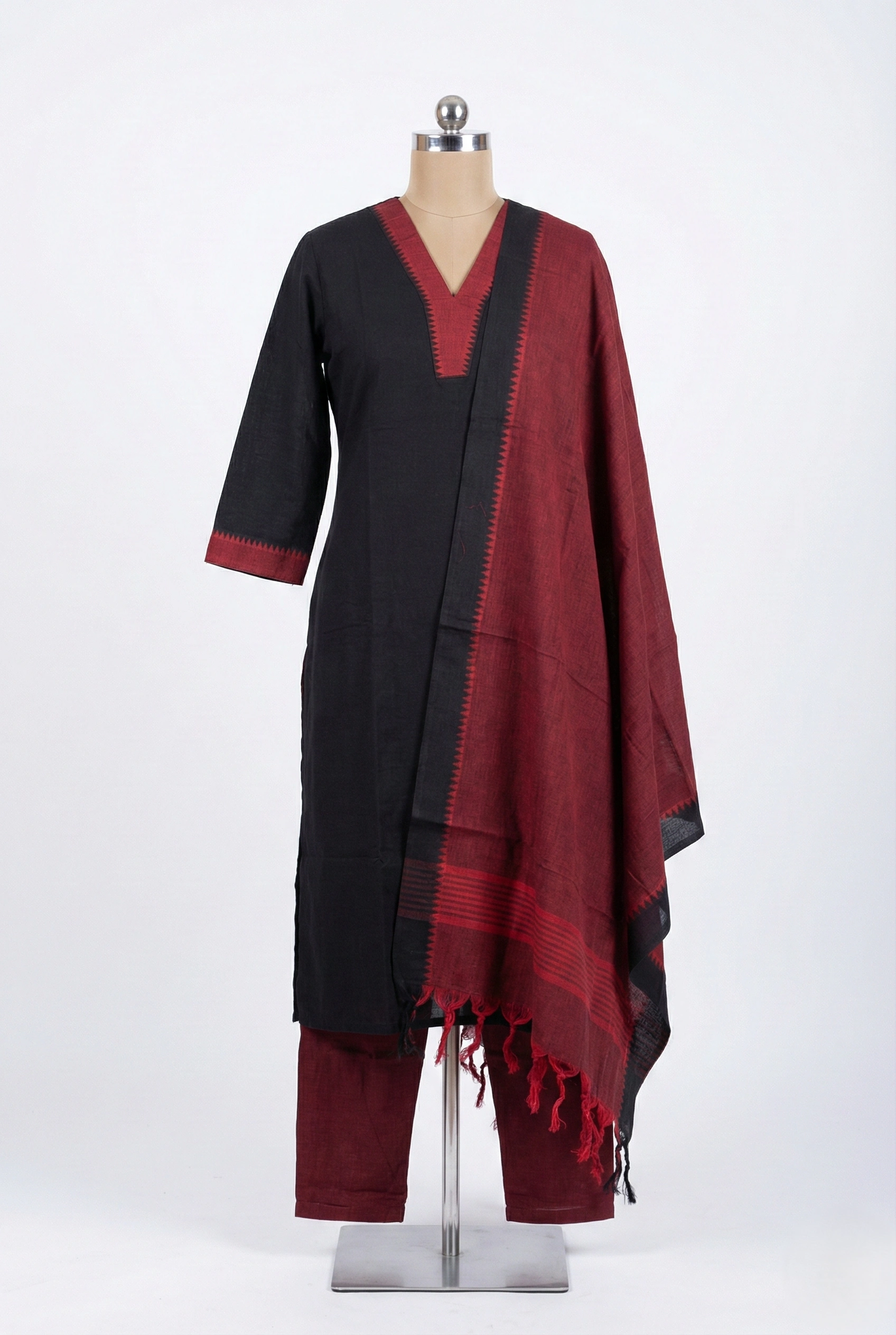 Black and Maroon Cotton Churidar Set