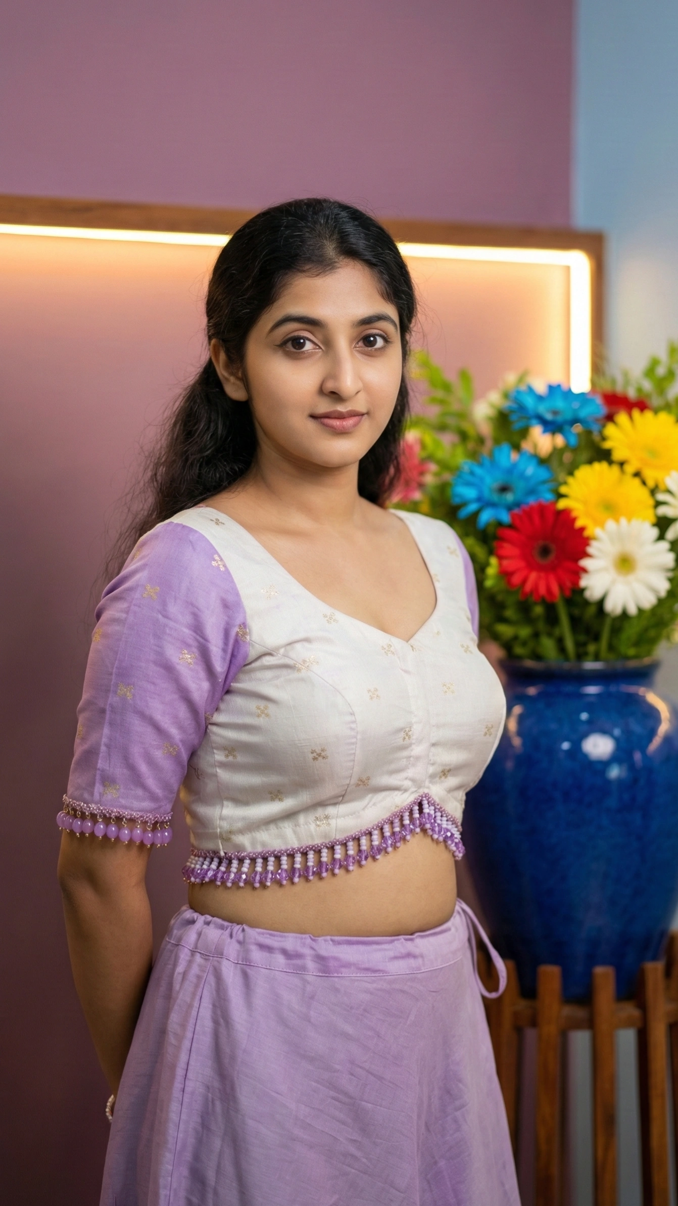 Bead Work on Saree-Blouse Lilac Shadow and Off-White with Zari 