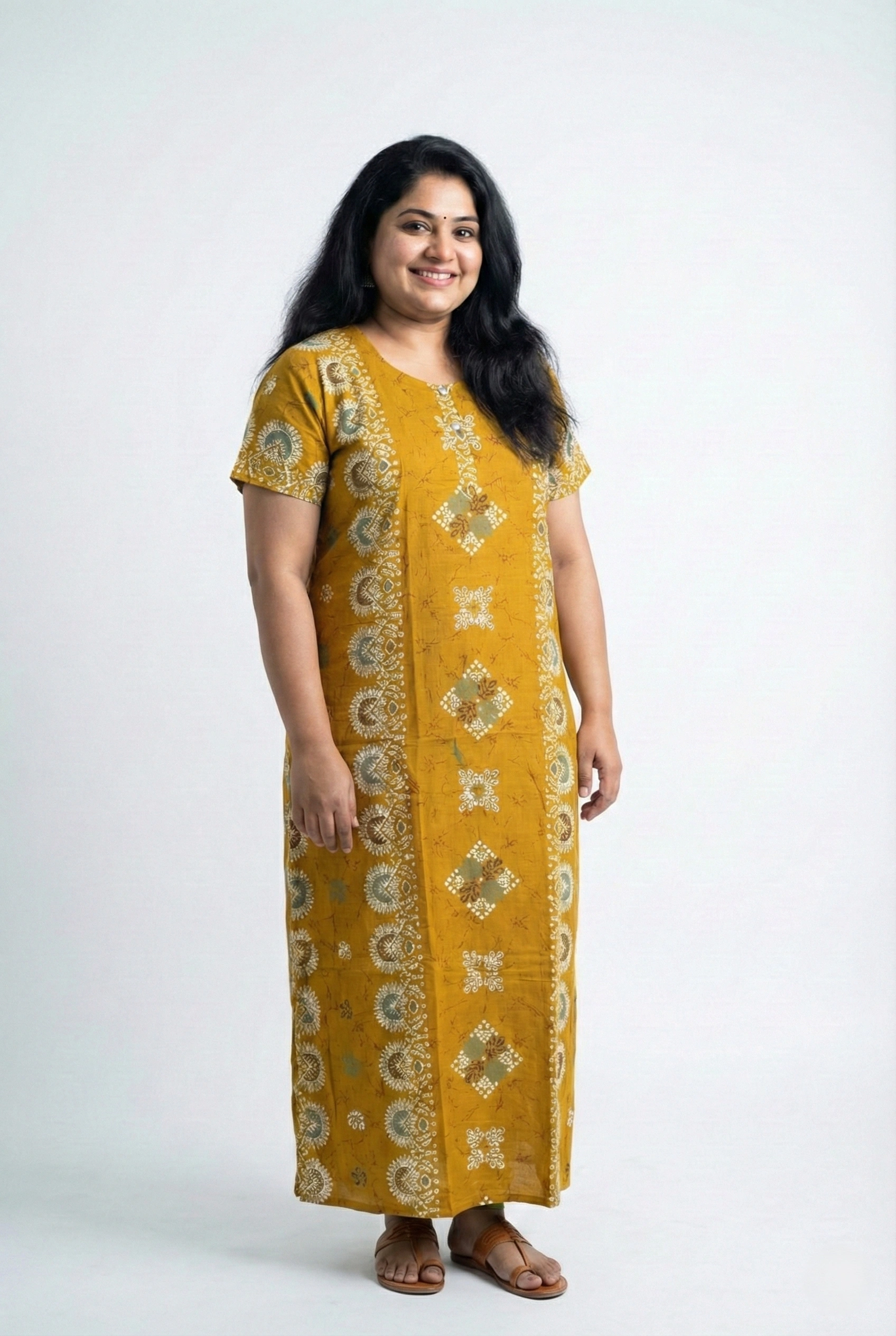 Printed Mustard Yellow Cotton Churidar Cut Nighty
