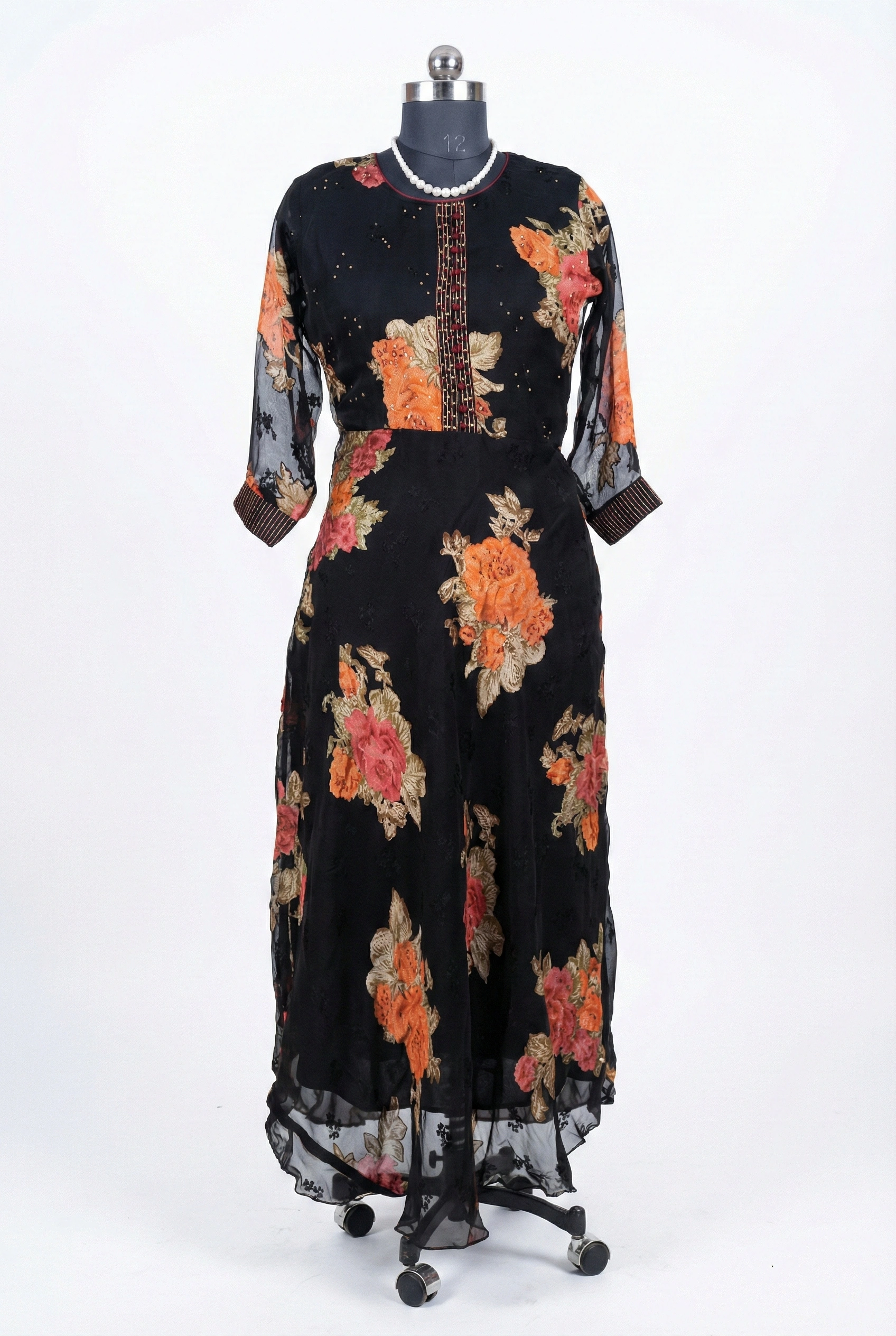 Chiffon Black Printed Umbrella Gown